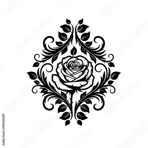 Elegant ornamental black rose graphic with intricate swirling floral design
