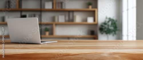 Wallpaper Mural Laptop computer on wooden table in modern interior with bookshelf and plant in background for home office or workspace mockup templates Torontodigital.ca