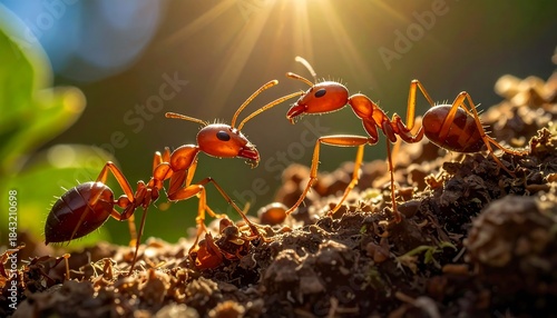 Close-up of two red ants interacting under sunlight in a natural, earthy setting