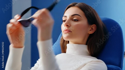 woman sitting in blue chair wearing white turtleneck and sleek black glasses