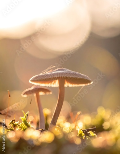 Close-up of two small mushrooms bathed in the warm glow of the setting sun