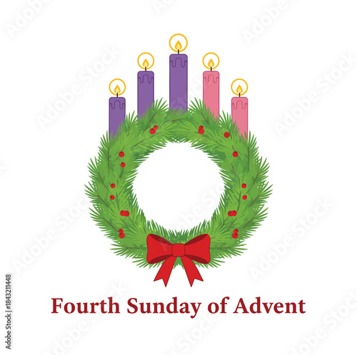 Christmas wreath with holly leaves and red ribbon holiday decoration illustration