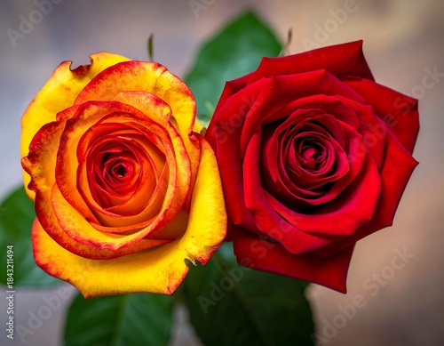 Close-up of two roses one yellow-orange, the other red, with green leaves on blurred background