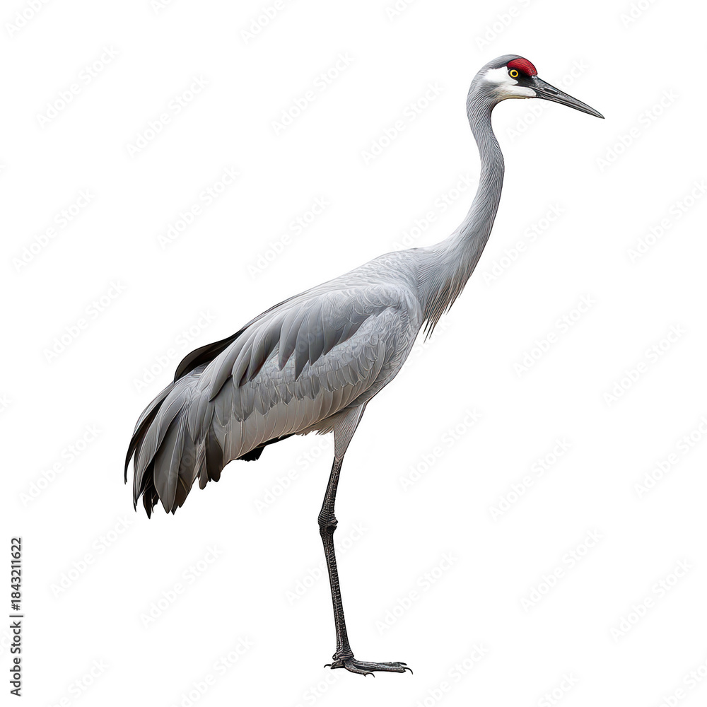 Fototapeta premium A majestic crane stands gracefully on one leg against a pure white background. its elegant posture and striking features. ideal for nature-themed projects or wildlife photography
