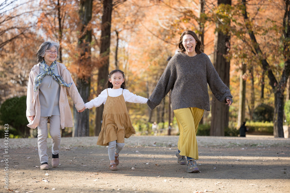 Fototapeta premium 秋の公園で一緒に娘と手を繋ぐちょっと高齢のママと祖母(おばあちゃん)笑顔の正面全身