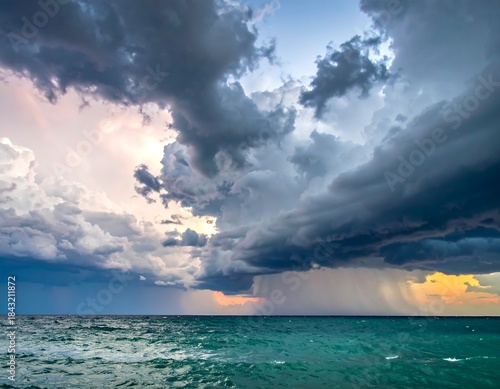 Dramatic view of ocean, dark storm clouds, rain, and a colorful sky