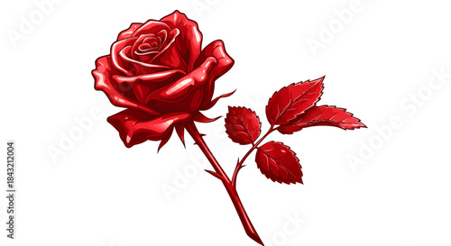 A beautifully rendered single red rose with its stem and leaves, set against a clean white background.