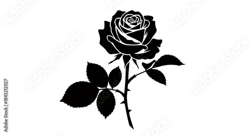 Elegant black silhouette of a single rose with stem and leaves against a clean white background, showcasing its delicate petals and thorns.