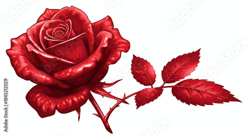 A vibrant red rose with a thorny stem and green leaves, depicted in a detailed illustration on a white background.