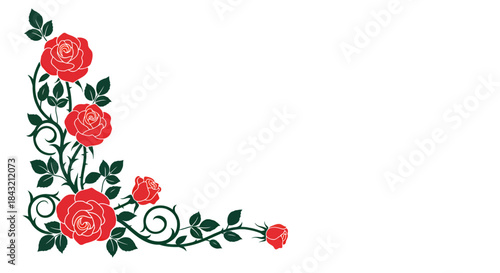 A decorative corner design featuring vibrant red roses, green leaves, and intricate thorny vines on a white background, perfect for embellishment.