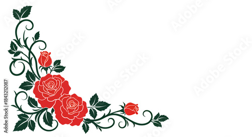 A decorative corner design featuring vibrant red roses and intricate green thorny foliage with elegant swirls.