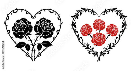 Two heart-shaped designs featuring roses and thorny vines, one with black roses and the other with red roses, symbolizing love and passion.