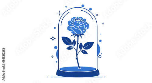 A stylized blue rose with leaves under a glass dome, surrounded by small decorative elements on a white background.