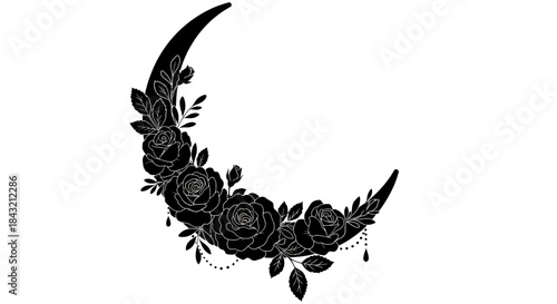 Black crescent moon adorned with detailed roses and foliage, featuring delicate hanging beads.