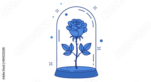 Blue rose under a glass dome with sparkles, a magical and enchanted illustration.