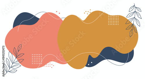 Abstract background with organic shapes in coral, mustard yellow, and navy blue, adorned with minimalist line art leaves and dotted patterns.