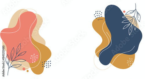 Abstract organic shapes with botanical line art and dots, modern minimalist design elements in warm and cool tones.