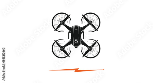Monochrome vintage-style illustration of a quadcopter drone from a top-down perspective, with an orange lightning bolt below.