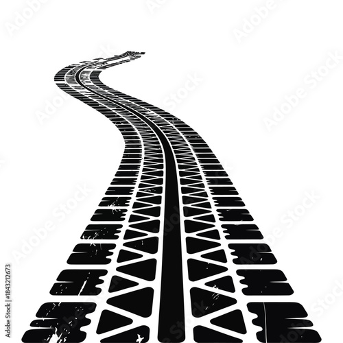 Winding tire tracks silhouette illustration receding perspective rough grunge print transport road surface vector isolated graphic