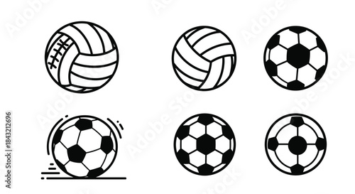 A collection of soccer and volleyball icons in a simple black and white line art style for sports-related graphic designs.