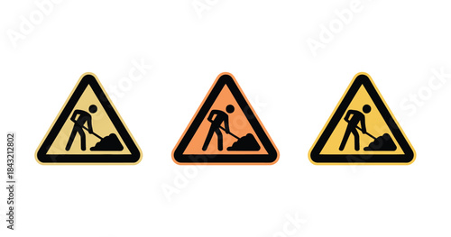 Warning construction sign vector illustration featuring man digging with shovel representing road work or general area maintenance in three color variations