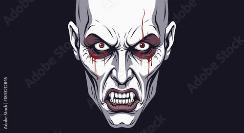 A menacing close-up portrait of a vampire's face with sharp fangs and blood-stained eyes in a detailed pixel art style.