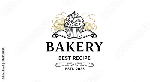 Vintage bakery logo featuring a hand-drawn cupcake with a decorative ribbon, perfect for a cake shop or confectionery brand.