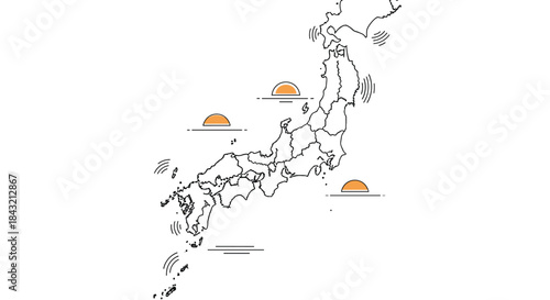 Minimalist line art map of Japan showing the main islands and prefectural borders, with stylized sun and wave elements.