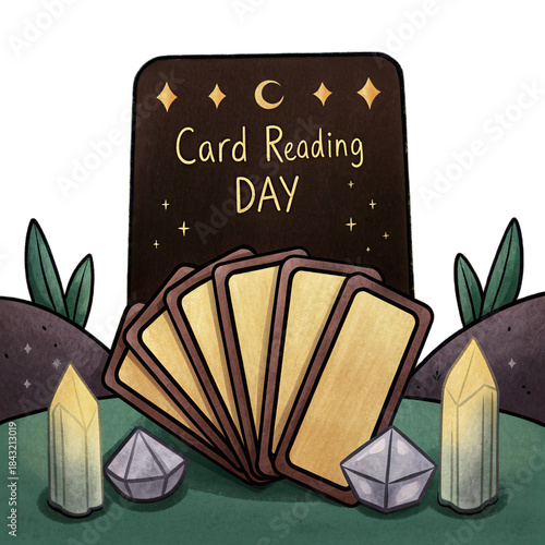 Card reading day features transparent background with mystical elements like crystals and tarot cards, creating enchanting atmosphere