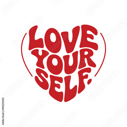 Bold groovy text design love yourself with heart shape outline symbolizes self care acceptance and positive affirmation