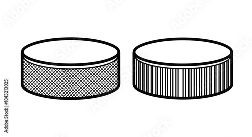 A pair of black and white line art icons of ice hockey pucks, each featuring a different texture design on its side.