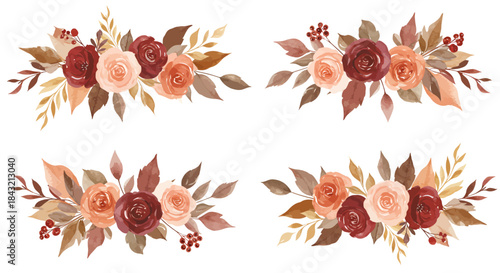Four watercolor floral arrangements featuring autumn-colored roses, leaves, and berries, perfect for decorative borders or seasonal designs.