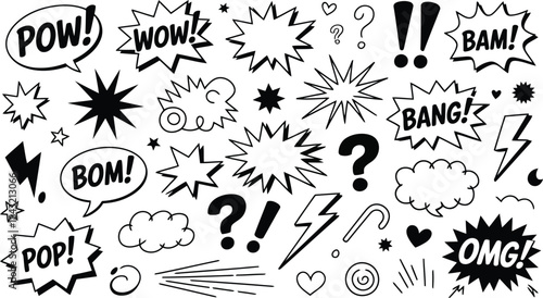 A collection of comic book style speech bubbles and explosive sound effects in black and white