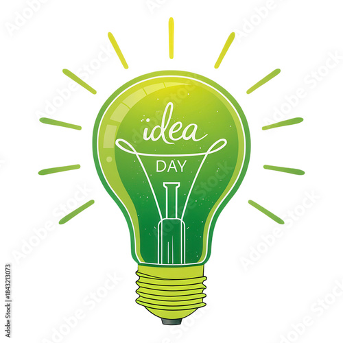 Bright green light bulb with word idea and DAY inside, radiating energy, perfect for creativity and inspiration. Transparent background enhances