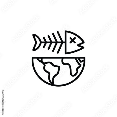 Outline vector icon illustrating water pollution effect on planet earth with dead fish skeleton floating above globe
