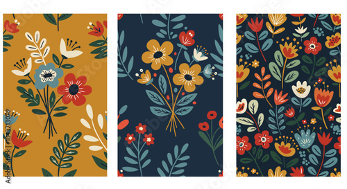 Seamless floral pattern with colorful wildflowers and green leaves on a mustard yellow background, perfect for fabric or wallpaper design.