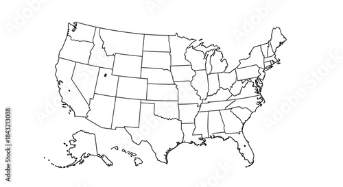 A blank political outline map of the United States of America, clearly showing all the individual state borders including Alaska.