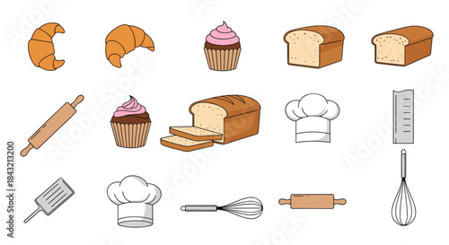 A colorful cartoon collection of bakery and baking equipment icons, including bread, croissants, cupcakes, and various kitchen utensils.