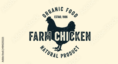 A vintage-style logo for an organic farm chicken product, featuring a textured chicken silhouette and retro circular typography.
