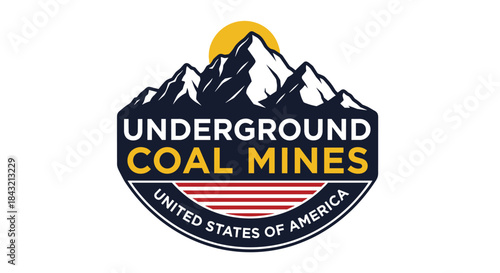 An emblem-style logo for Underground Coal Mines of America, featuring mountains, a sun, and a stylized American flag design.