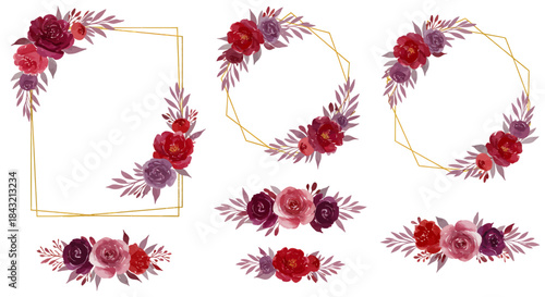 Watercolor floral arrangements with golden geometric frames and burgundy, red, and purple flowers.