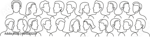 A modern continuous one line drawing depicts various human faces and heads looking in different directions