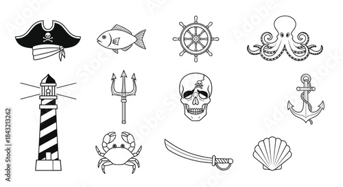 A collection of nautical and pirate-themed icons in a clean black and white line art style, including a skull and an octopus.