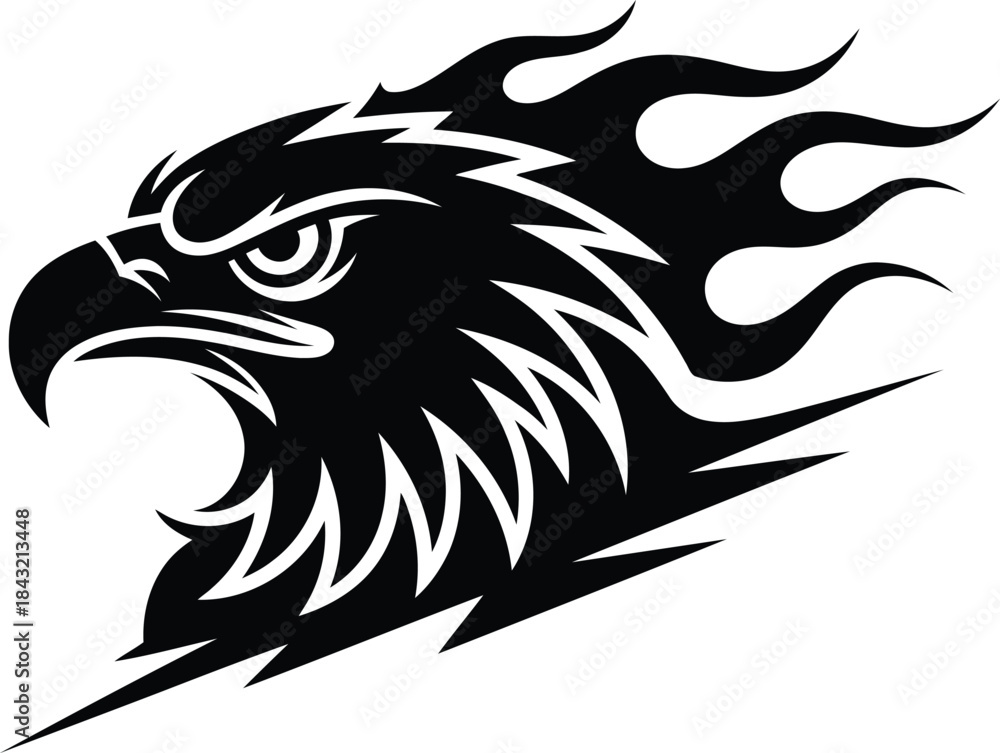 Fototapeta premium A striking black silhouette of an eagle head with fiery stylized feathers against a white background