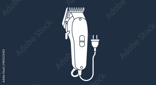 A clean, white line art icon of electric hair clippers with its power cord, displayed on a solid dark blue background.