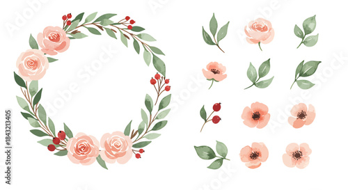 Watercolor floral wreath with peach roses, green leaves, and red berries, alongside individual botanical elements on a white background.