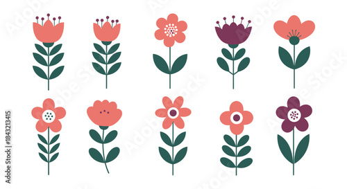 A collection of ten stylized flat design flowers with colorful petals and green stems on a white background.