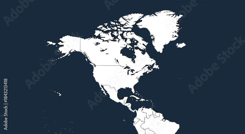 A high-contrast map showing the white silhouette of the North American continent against a dark blue ocean background.
