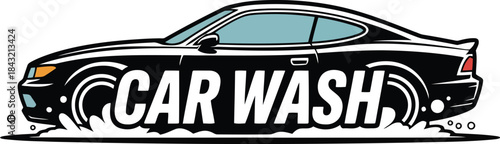 A sleek black car logo with bold CAR WASH text and white soap suds underneath