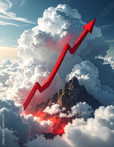 Dramatic view of red arrow pointing upwards, over mountain and clouds